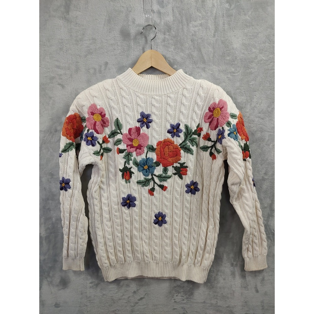 Knitting Needles Vintage Floral Embroidered Cable Knit Cotton Sweater Cream S